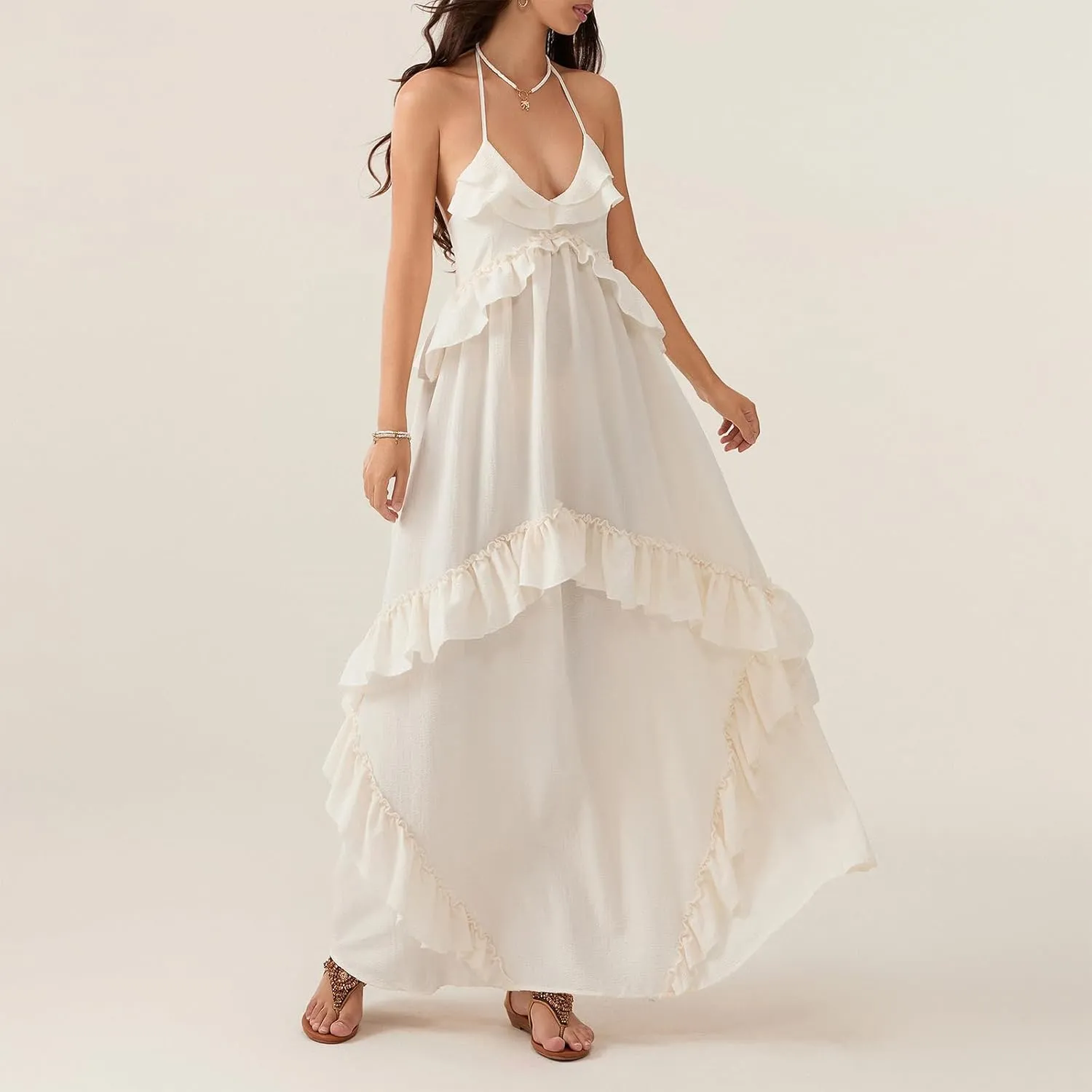 Women Sexy Sleeveless Halter Neck Ruffle Maxi Dress Backless Bodycon Long Dress Summer Vacation Beach Sundress
