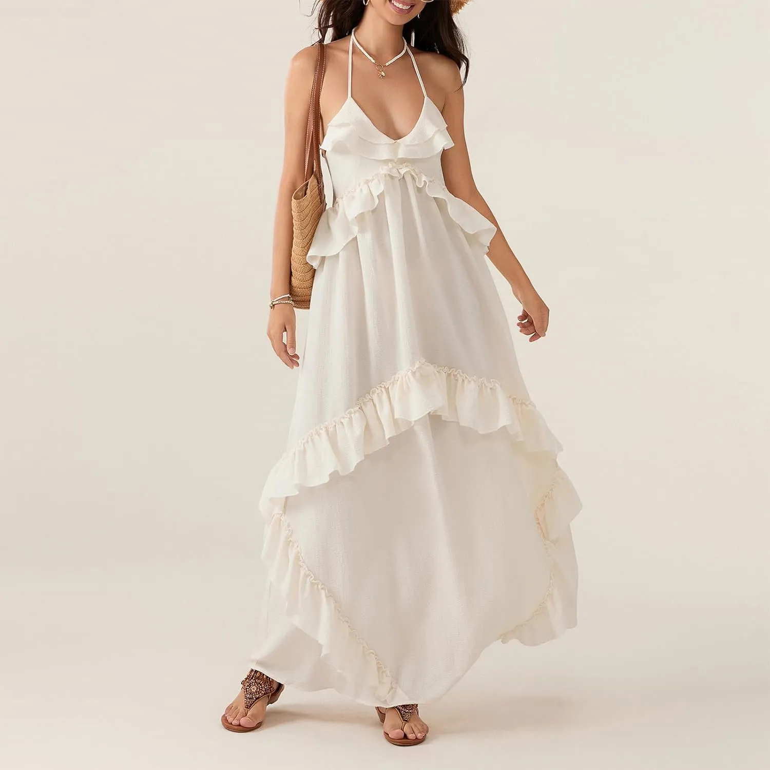 Women Sexy Sleeveless Halter Neck Ruffle Maxi Dress Backless Bodycon Long Dress Summer Vacation Beach Sundress