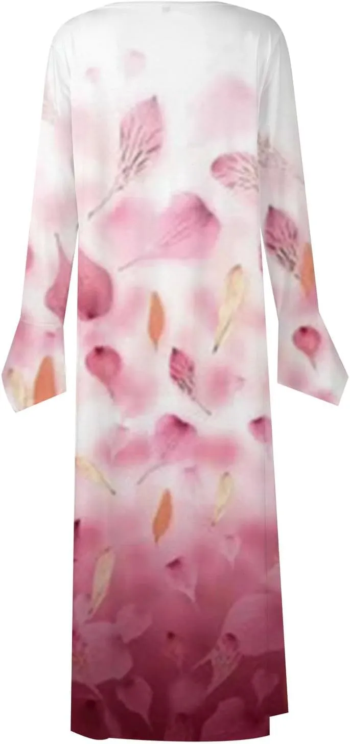 Women's 2023 Fall Plus Size Long Sleeve 1/4 Button V Neck Smocked Boho Floral Midi Dress with Pockets
