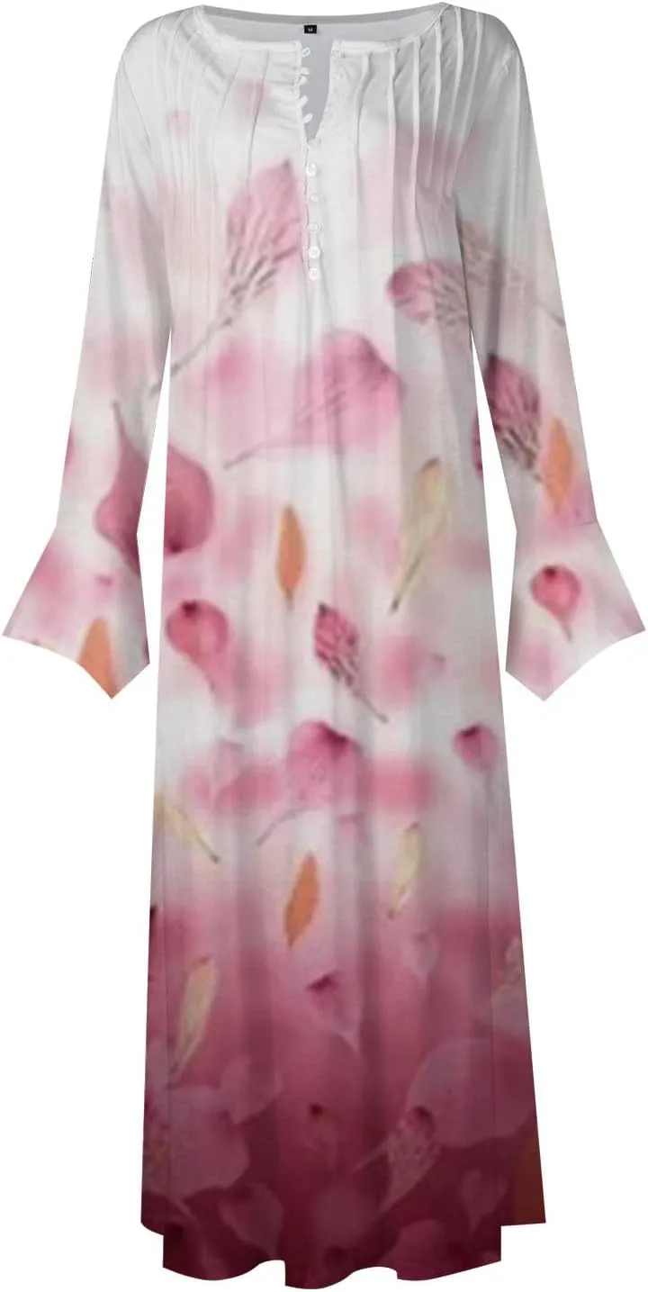 Women's 2023 Fall Plus Size Long Sleeve 1/4 Button V Neck Smocked Boho Floral Midi Dress with Pockets