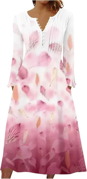 Women's 2023 Fall Plus Size Long Sleeve 1/4 Button V Neck Smocked Boho Floral Midi Dress with Pockets