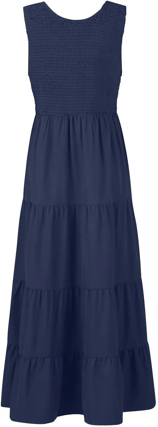 Women's 2025 Casual Loose Plain Maxi Sundress Smocked Tank Dress Sleeveless Summer Beach Tiered Long Dresses