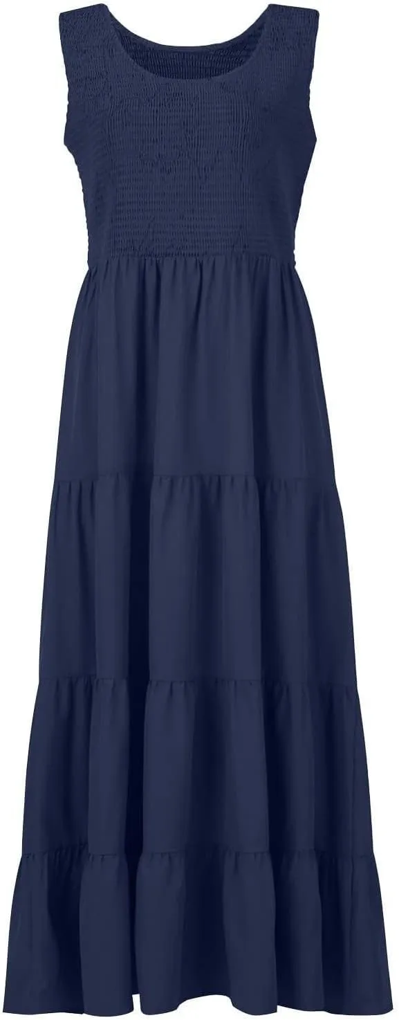 Women's 2025 Casual Loose Plain Maxi Sundress Smocked Tank Dress Sleeveless Summer Beach Tiered Long Dresses