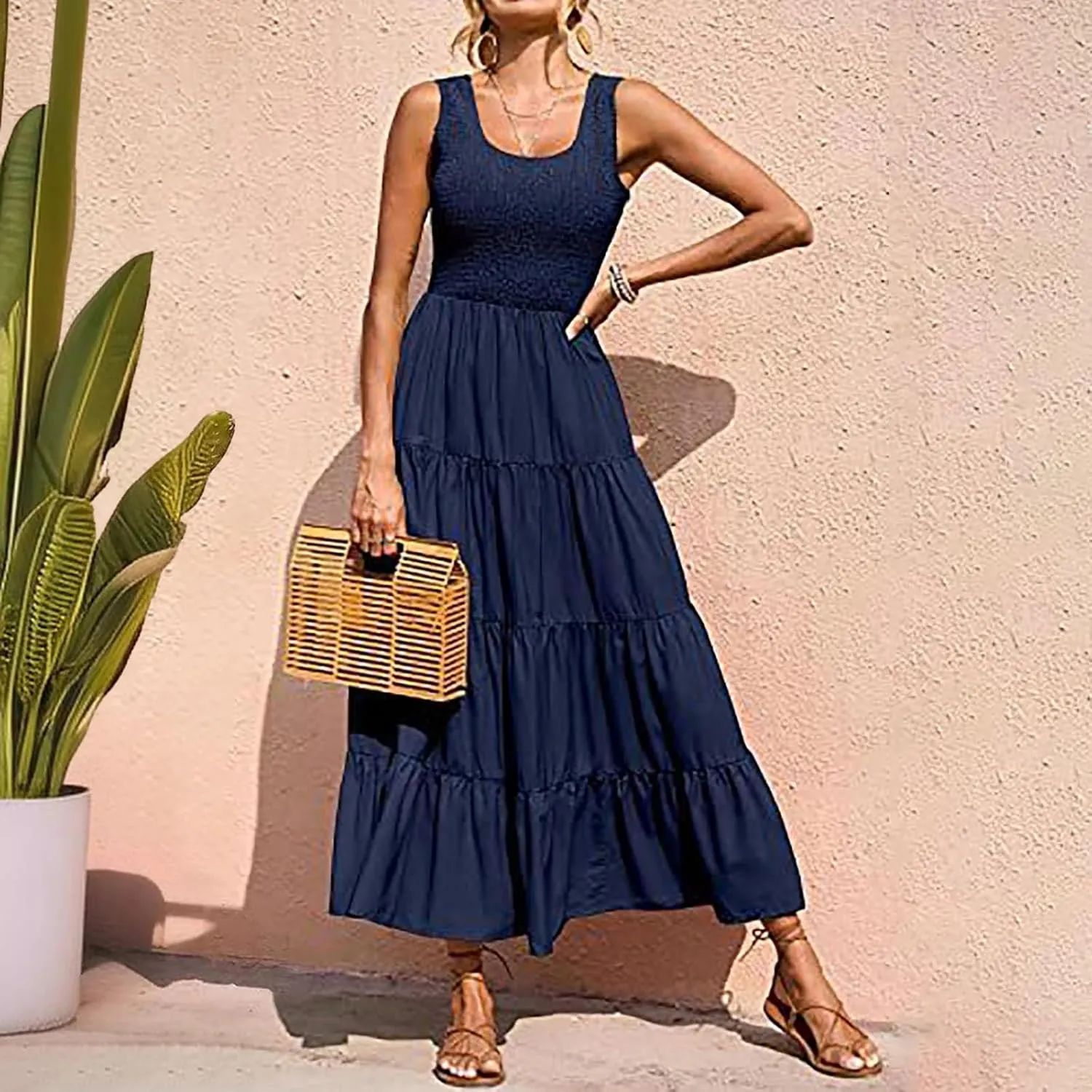 Women's 2025 Casual Loose Plain Maxi Sundress Smocked Tank Dress Sleeveless Summer Beach Tiered Long Dresses