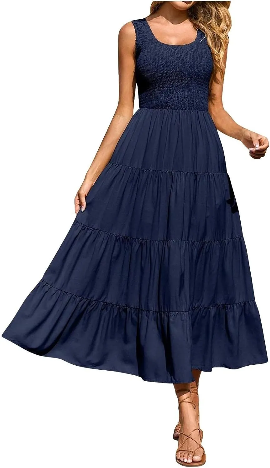 Women's 2025 Casual Loose Plain Maxi Sundress Smocked Tank Dress Sleeveless Summer Beach Tiered Long Dresses