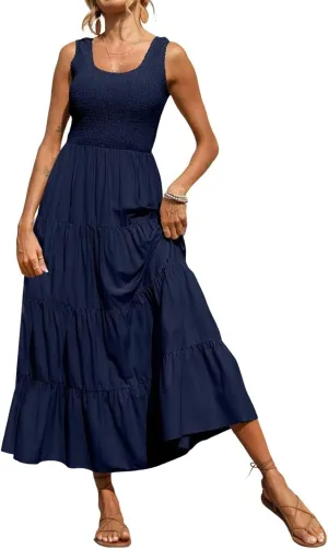 Women's 2025 Casual Loose Plain Maxi Sundress Smocked Tank Dress Sleeveless Summer Beach Tiered Long Dresses