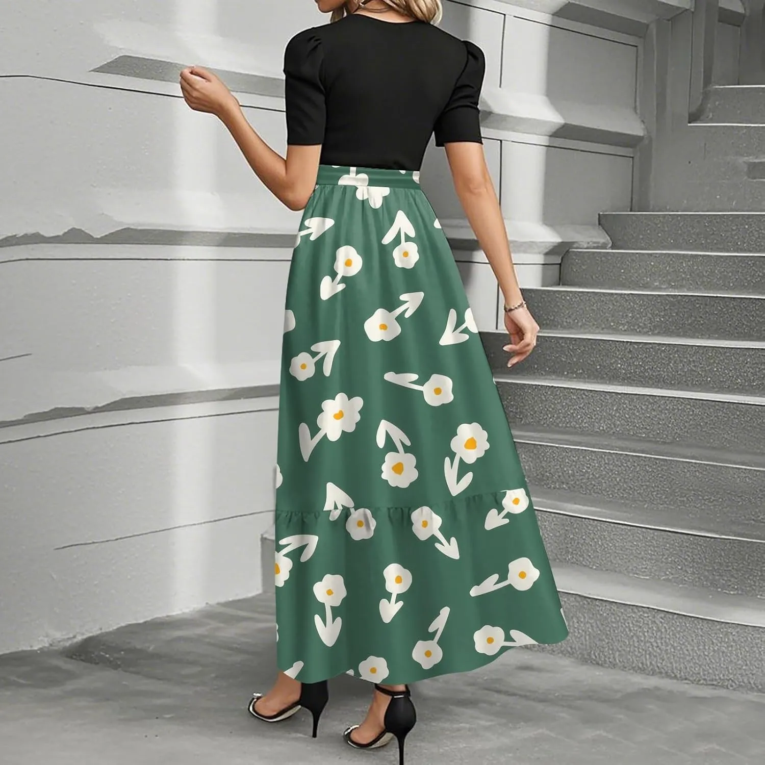 Women's 2025 Summer Floral Midi Dress Cap Sleeve V Neck Ruffle Long Flowy Boho Casual Beach Vacation Dresses