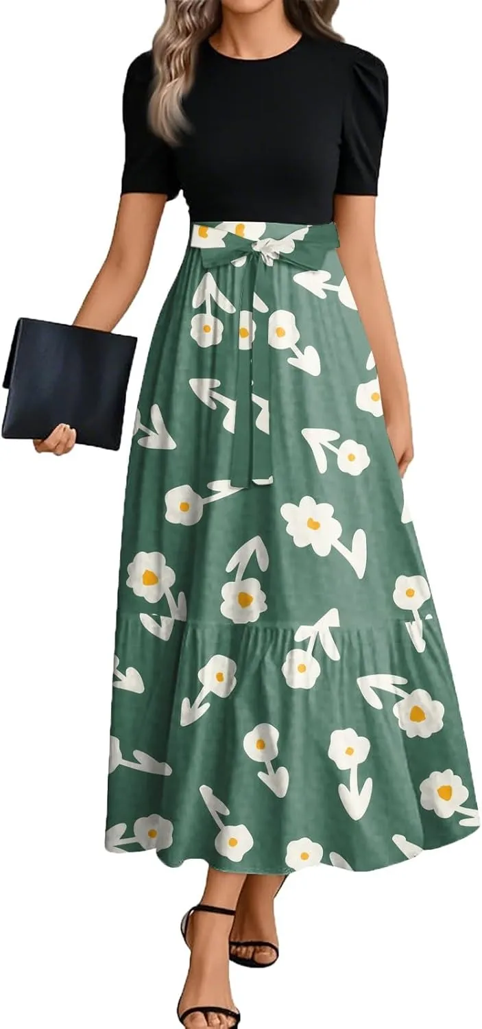 Women's 2025 Summer Floral Midi Dress Cap Sleeve V Neck Ruffle Long Flowy Boho Casual Beach Vacation Dresses