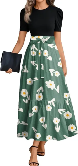 Women's 2025 Summer Floral Midi Dress Cap Sleeve V Neck Ruffle Long Flowy Boho Casual Beach Vacation Dresses