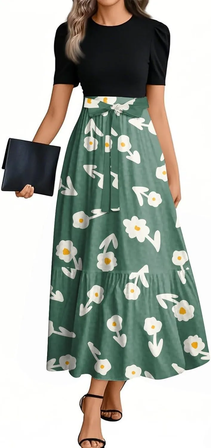 Women's 2025 Summer Floral Midi Dress Cap Sleeve V Neck Ruffle Long Flowy Boho Casual Beach Vacation Dresses