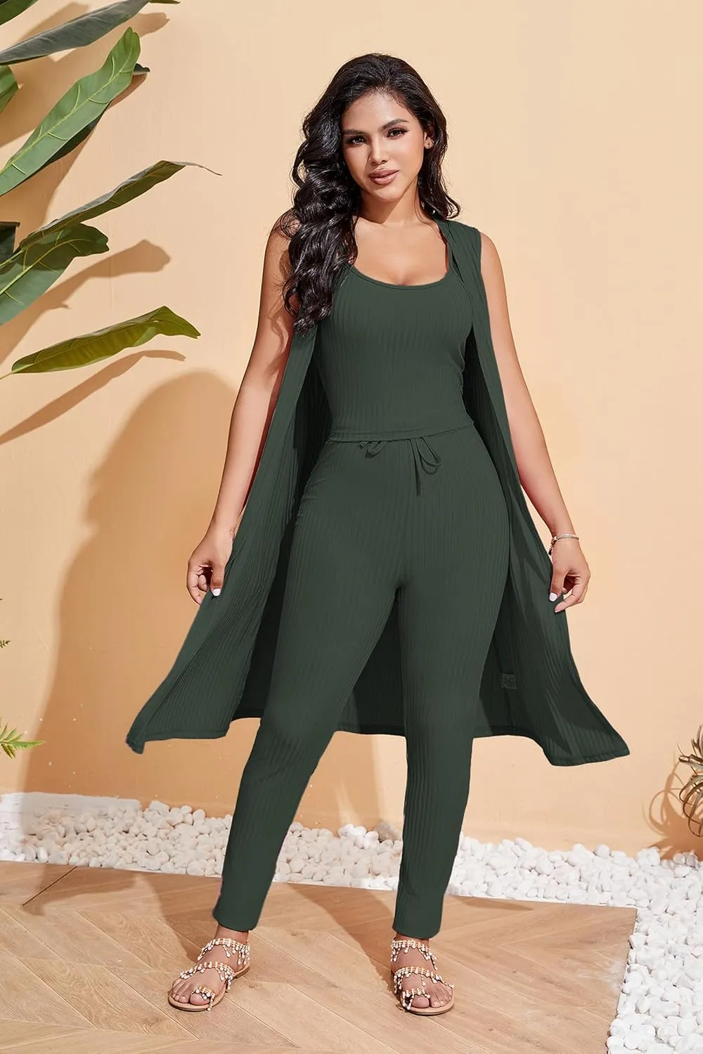 Women's 3 Piece Lounge Travel Set Pajamas Set Sweatsuit Outfits Long Cardigan   Pants  Tank