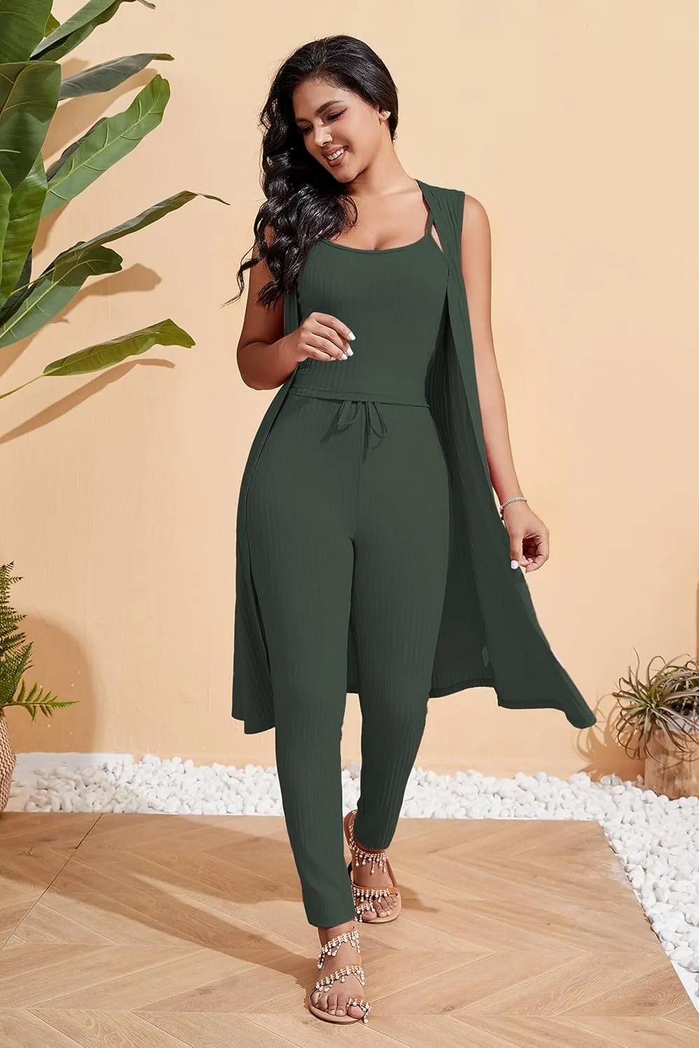 Women's 3 Piece Lounge Travel Set Pajamas Set Sweatsuit Outfits Long Cardigan   Pants  Tank
