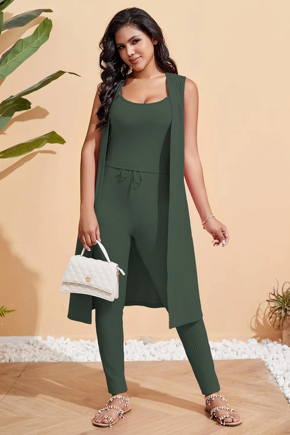 Women's 3 Piece Lounge Travel Set Pajamas Set Sweatsuit Outfits Long Cardigan   Pants  Tank
