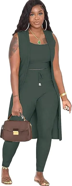 Women's 3 Piece Lounge Travel Set Pajamas Set Sweatsuit Outfits Long Cardigan   Pants  Tank