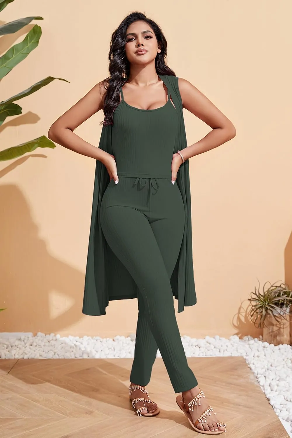 Women's 3 Piece Lounge Travel Set Pajamas Set Sweatsuit Outfits Long Cardigan   Pants  Tank