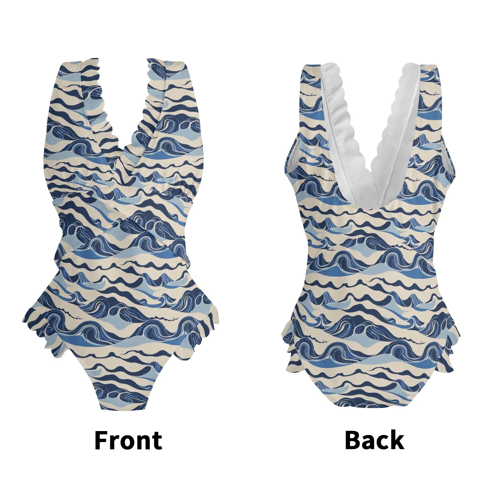 Womens Abstract Waves Ruffle Edge Cross-Front One Piece Swimsuit Bathing Suit