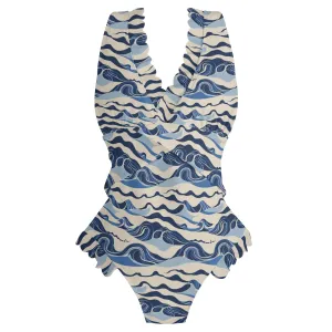 Womens Abstract Waves Ruffle Edge Cross-Front One Piece Swimsuit Bathing Suit