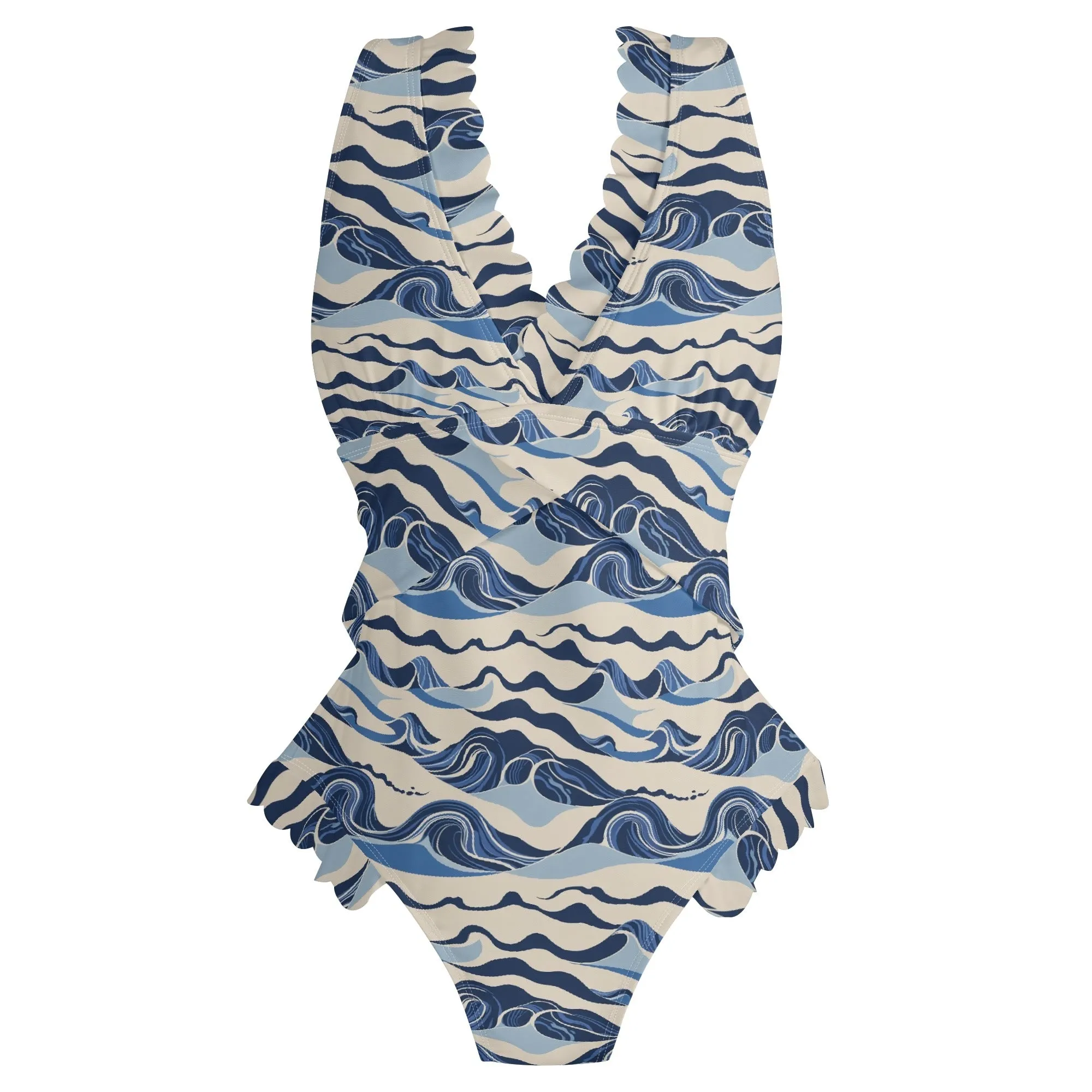 Womens Abstract Waves Ruffle Edge Cross-Front One Piece Swimsuit Bathing Suit