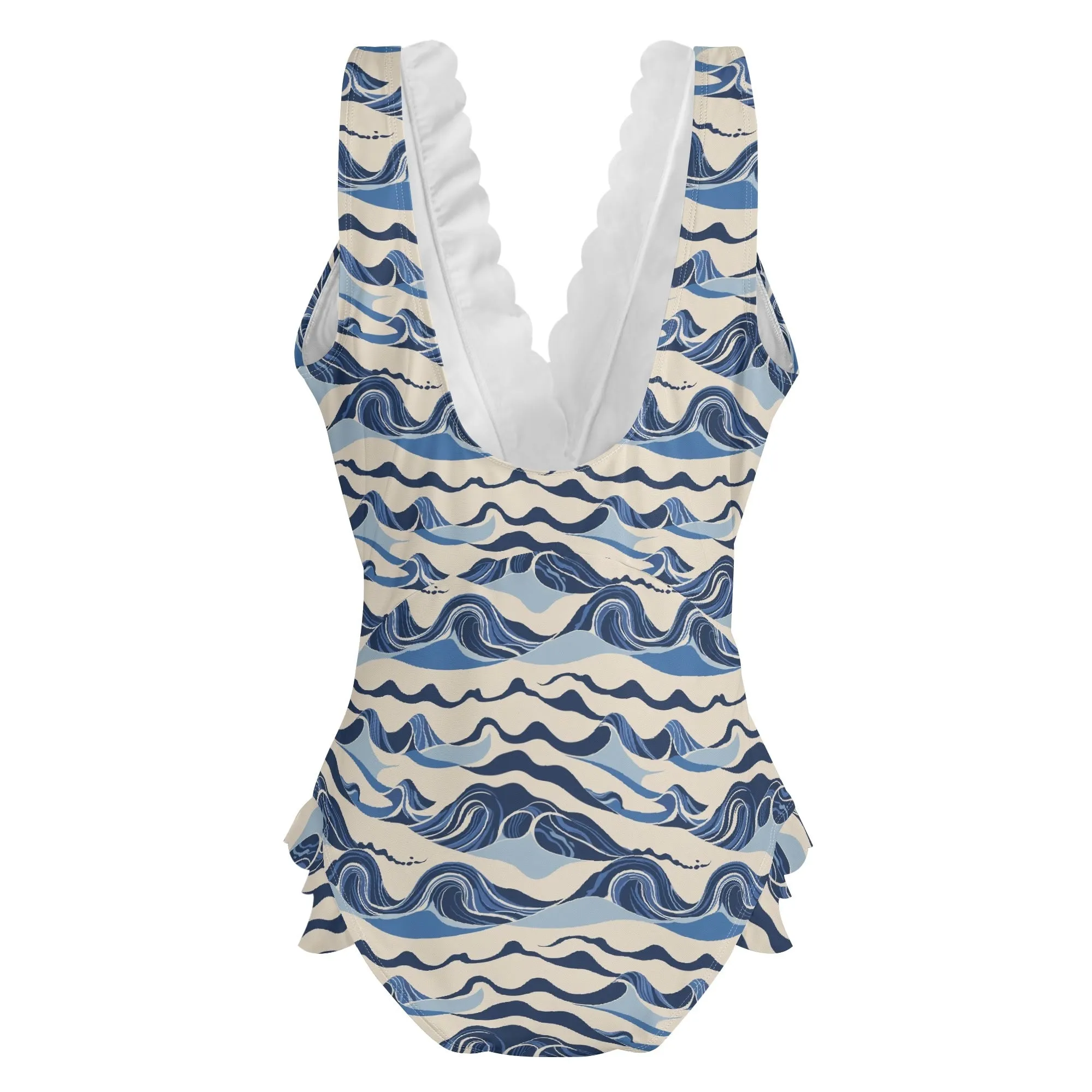 Womens Abstract Waves Ruffle Edge Cross-Front One Piece Swimsuit Bathing Suit