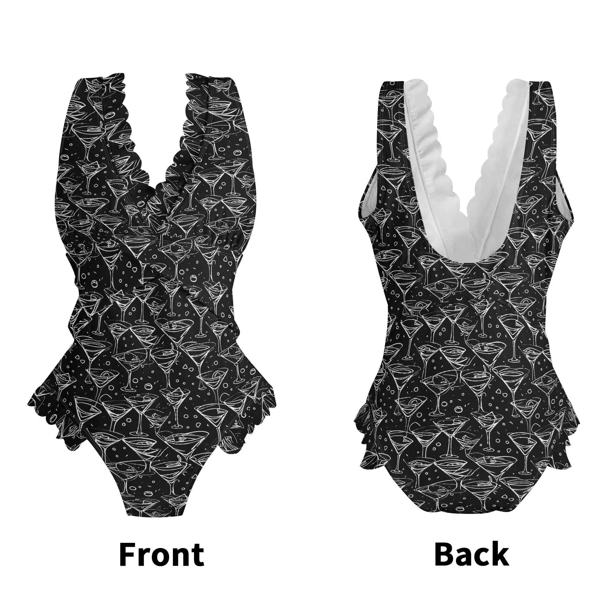Womens Black and White Martini Ruffle Edge Cross-Front One Piece Swimsuit Bathing Suit