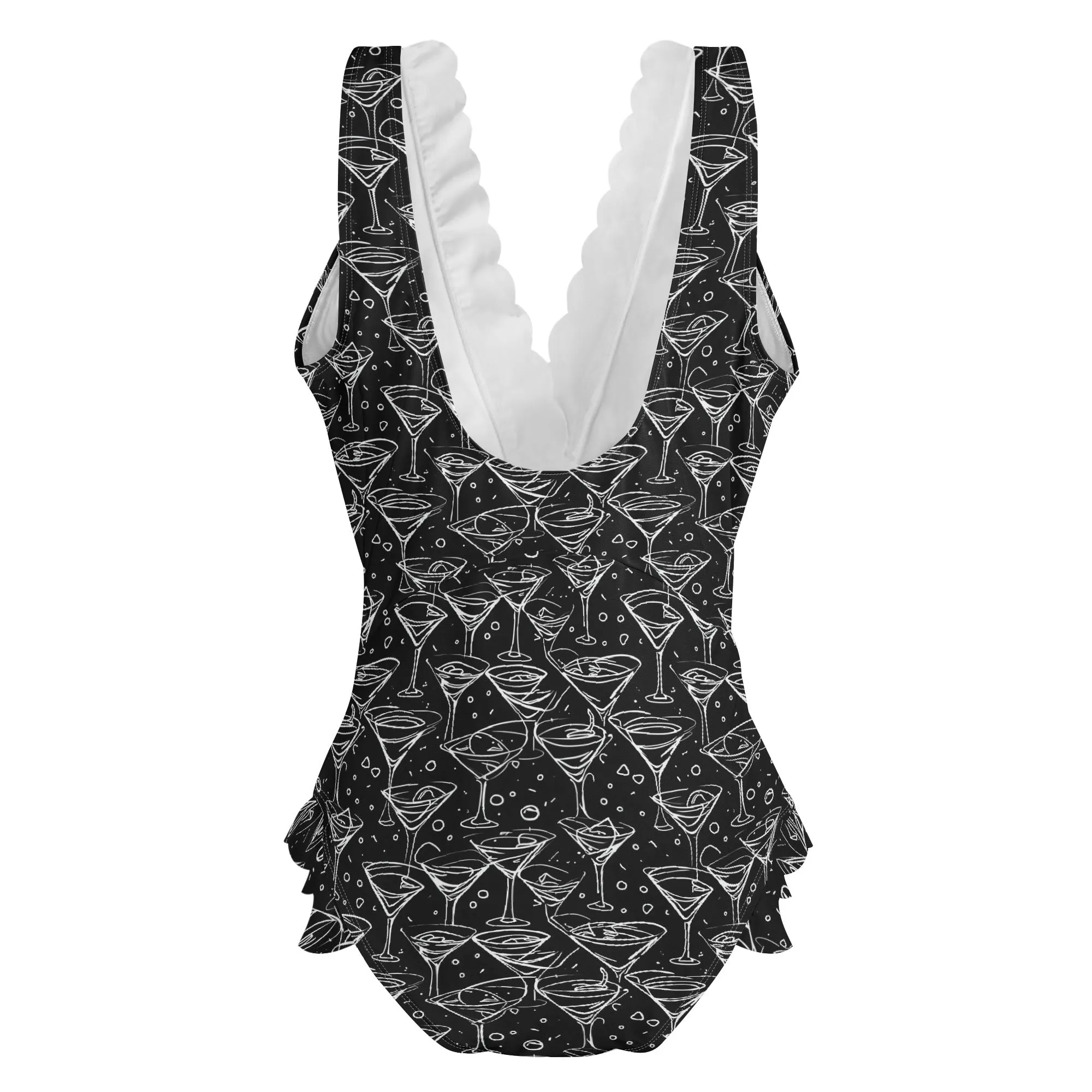 Womens Black and White Martini Ruffle Edge Cross-Front One Piece Swimsuit Bathing Suit