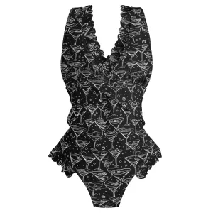 Womens Black and White Martini Ruffle Edge Cross-Front One Piece Swimsuit Bathing Suit