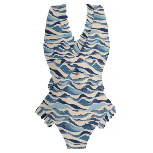Womens Blue Waves Ruffle Edge Cross-Front One Piece Swimsuit Bathing Suit