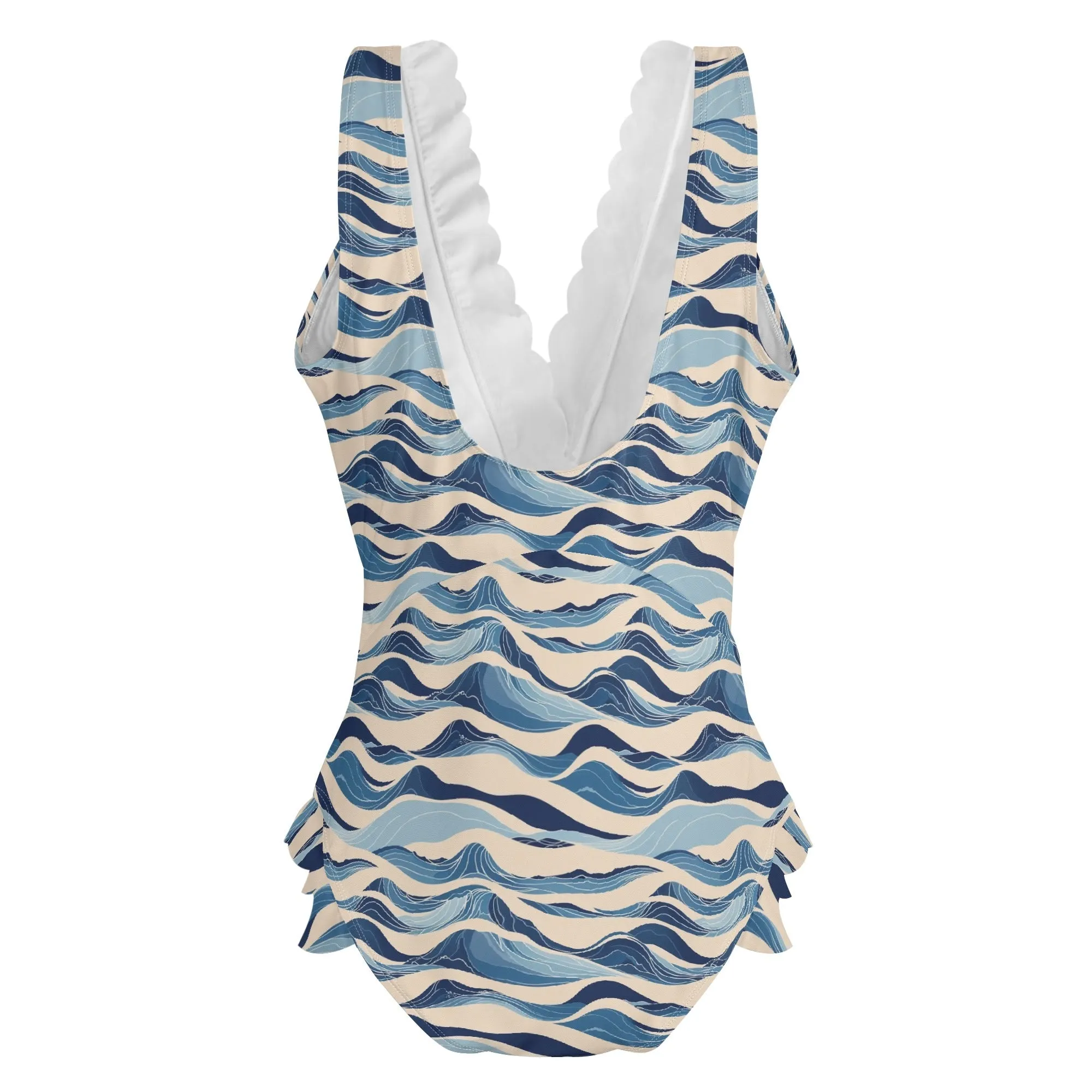 Womens Blue Waves Ruffle Edge Cross-Front One Piece Swimsuit Bathing Suit