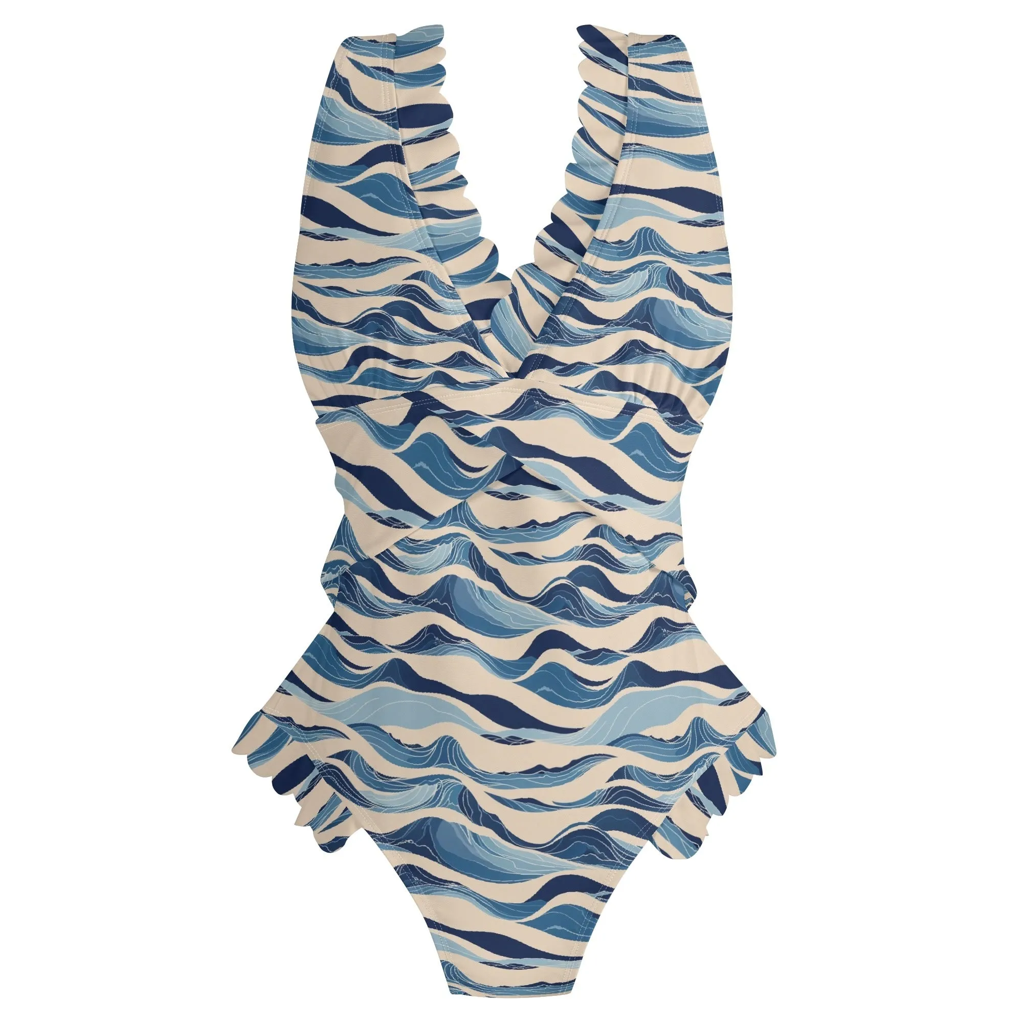 Womens Blue Waves Ruffle Edge Cross-Front One Piece Swimsuit Bathing Suit