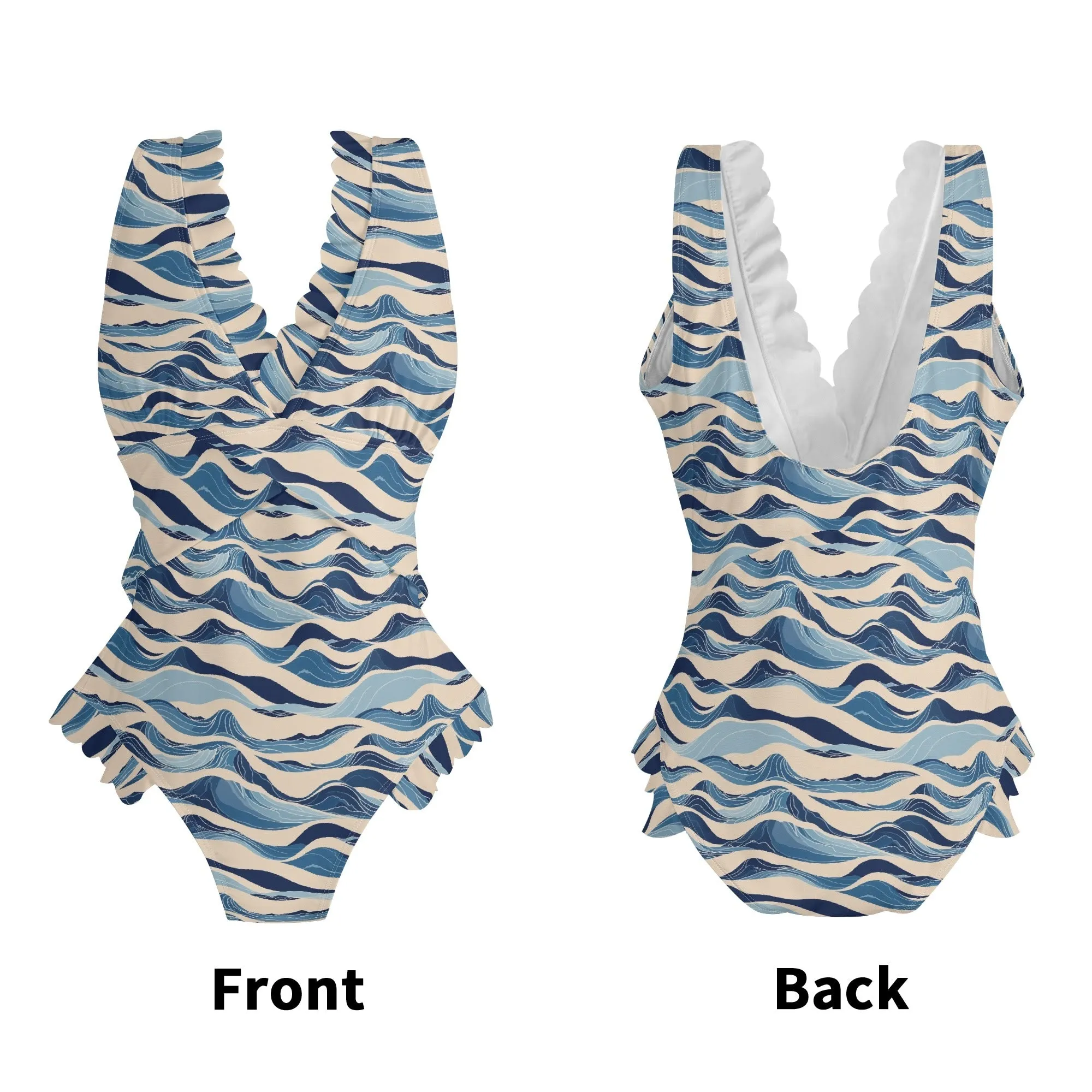 Womens Blue Waves Ruffle Edge Cross-Front One Piece Swimsuit Bathing Suit