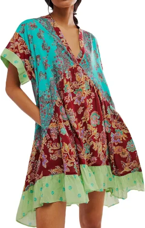 Women's Boho Floral Mini Dress Y2k Flower Babydoll Short Flowy Dresses 2024 Summer Causal Beach Sundress