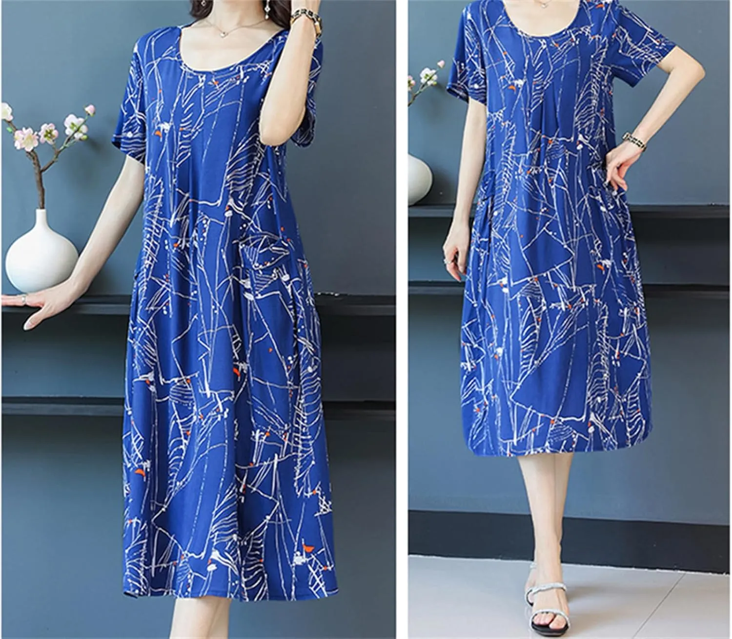 Womens Boho Floral Printed Plus Size Midi Dress Crew Neck Short Sleeve Loose Casual Summer Dress with Pockets