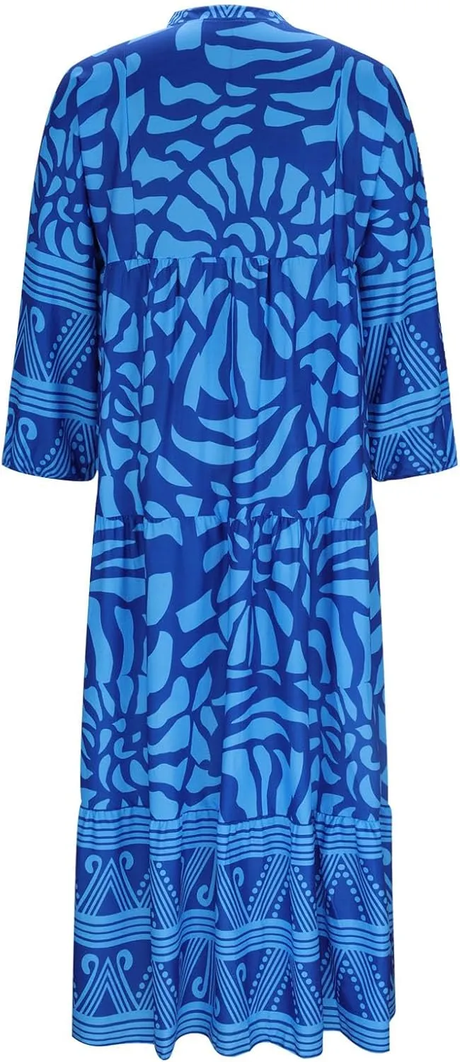 Women's Boho Maxi Dress Casual Loose Vintage Long Sleeve Button V Neck Floral Dresses Beach Vacation Cover Ups Dress