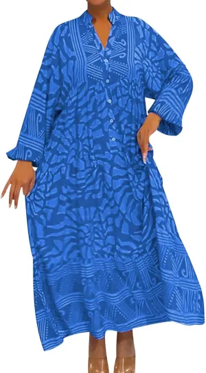 Women's Boho Maxi Dress Casual Loose Vintage Long Sleeve Button V Neck Floral Dresses Beach Vacation Cover Ups Dress