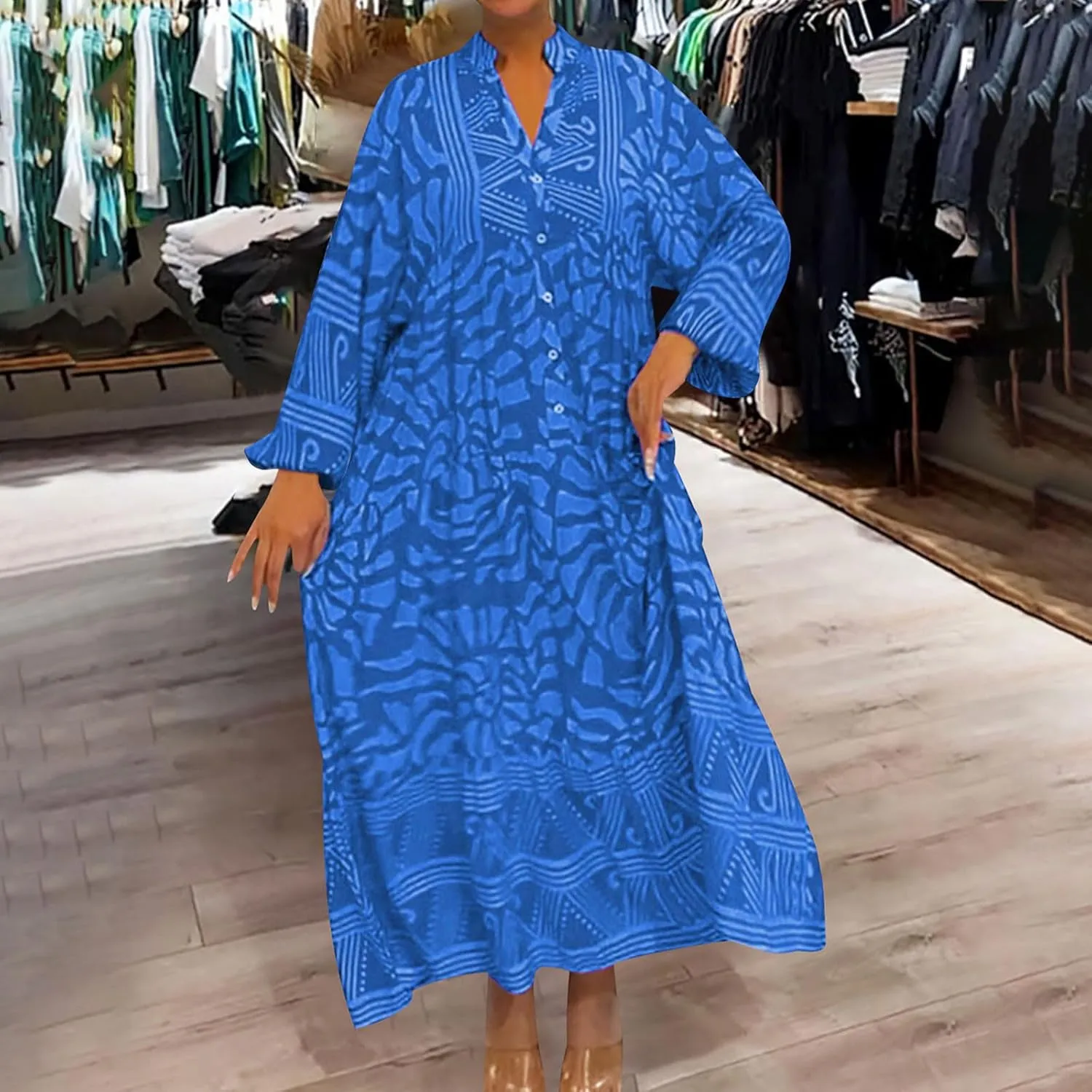 Women's Boho Maxi Dress Casual Loose Vintage Long Sleeve Button V Neck Floral Dresses Beach Vacation Cover Ups Dress