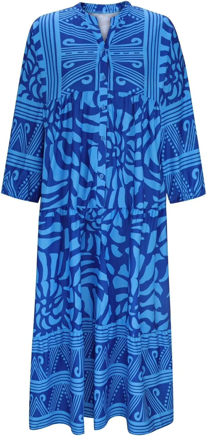 Women's Boho Maxi Dress Casual Loose Vintage Long Sleeve Button V Neck Floral Dresses Beach Vacation Cover Ups Dress