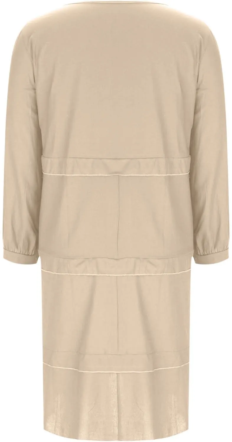 Women's Boho Summer Crew Neck Linen Midi Shirt Dress Casual Long Sleeve Tiered Ruffle Swing Beach Dresses with Pockets
