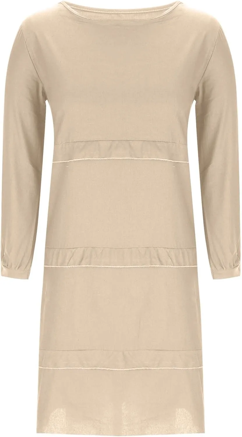 Women's Boho Summer Crew Neck Linen Midi Shirt Dress Casual Long Sleeve Tiered Ruffle Swing Beach Dresses with Pockets