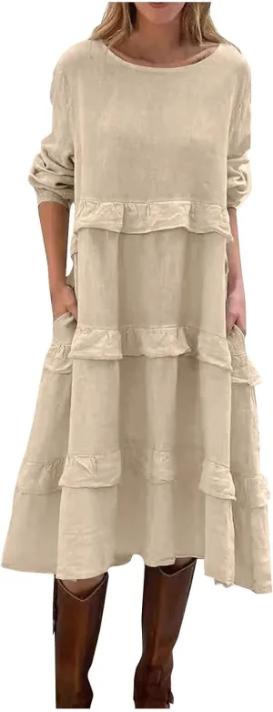 Women's Boho Summer Crew Neck Linen Midi Shirt Dress Casual Long Sleeve Tiered Ruffle Swing Beach Dresses with Pockets