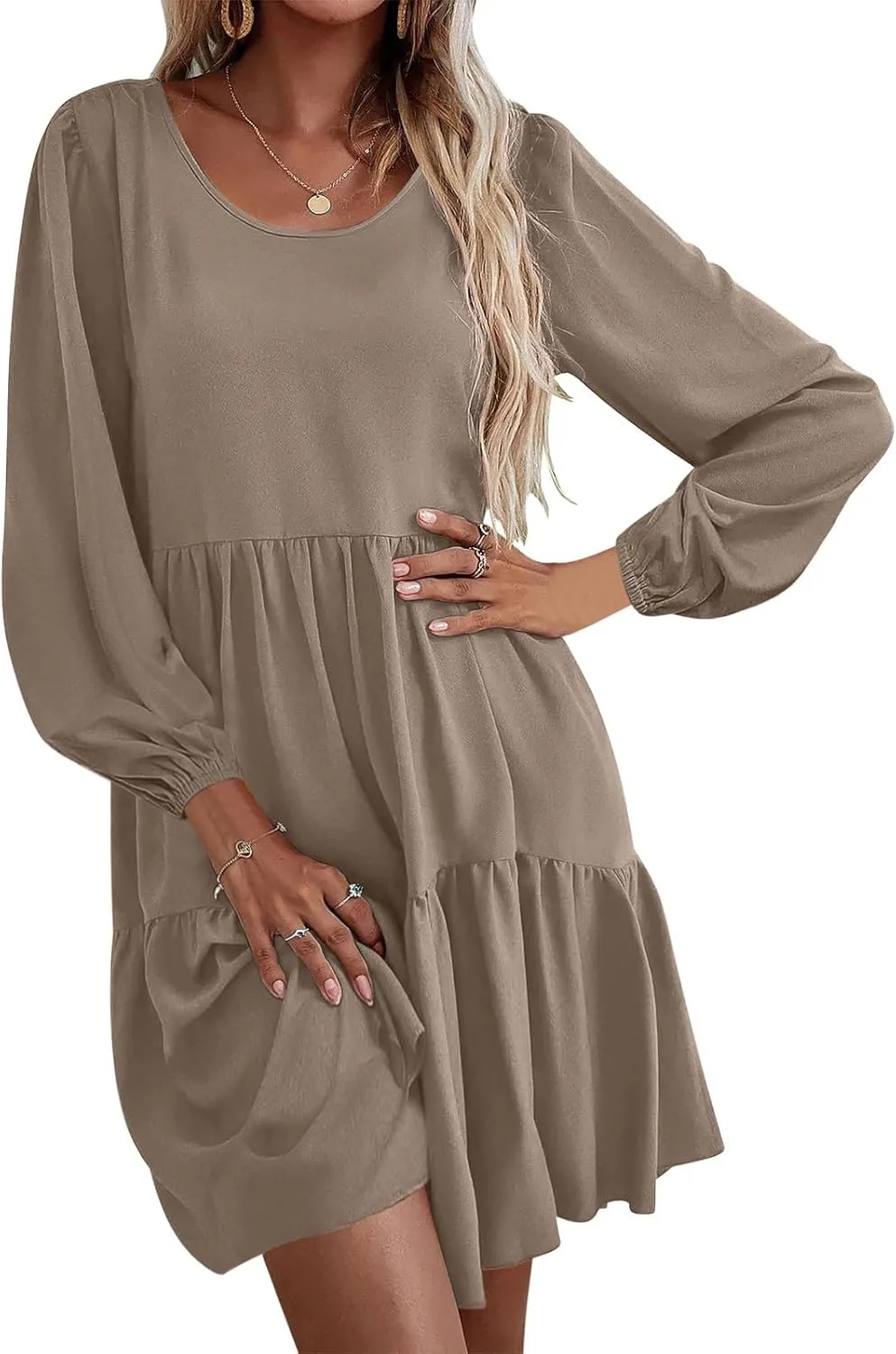 Women's Casual Dresses Fall Winter Lantern Long Sleeve High Waisted Ruffle Flowy Tiered Mini Dress Cute Babydoll Dress