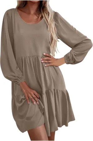 Women's Casual Dresses Fall Winter Lantern Long Sleeve High Waisted Ruffle Flowy Tiered Mini Dress Cute Babydoll Dress