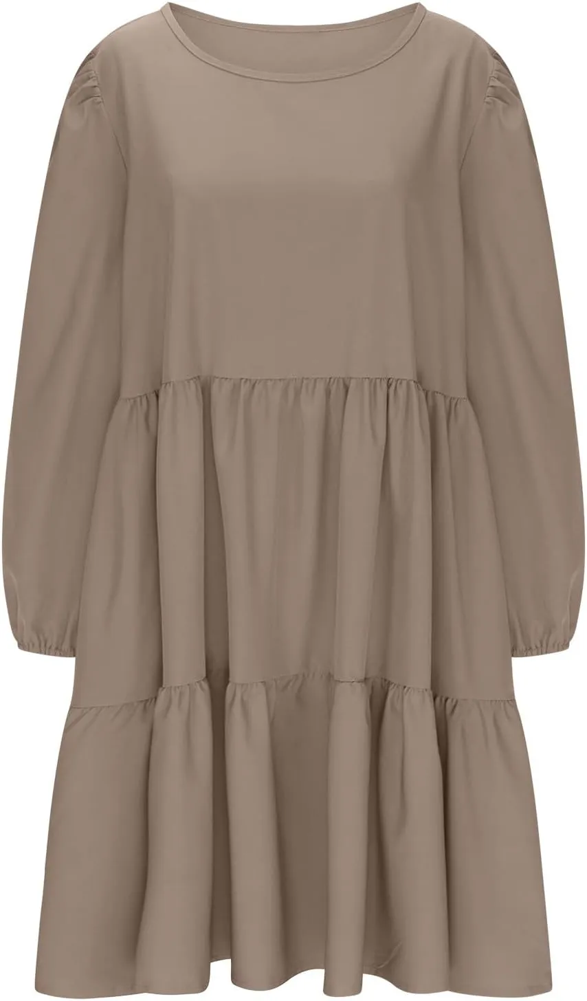 Women's Casual Dresses Fall Winter Lantern Long Sleeve High Waisted Ruffle Flowy Tiered Mini Dress Cute Babydoll Dress