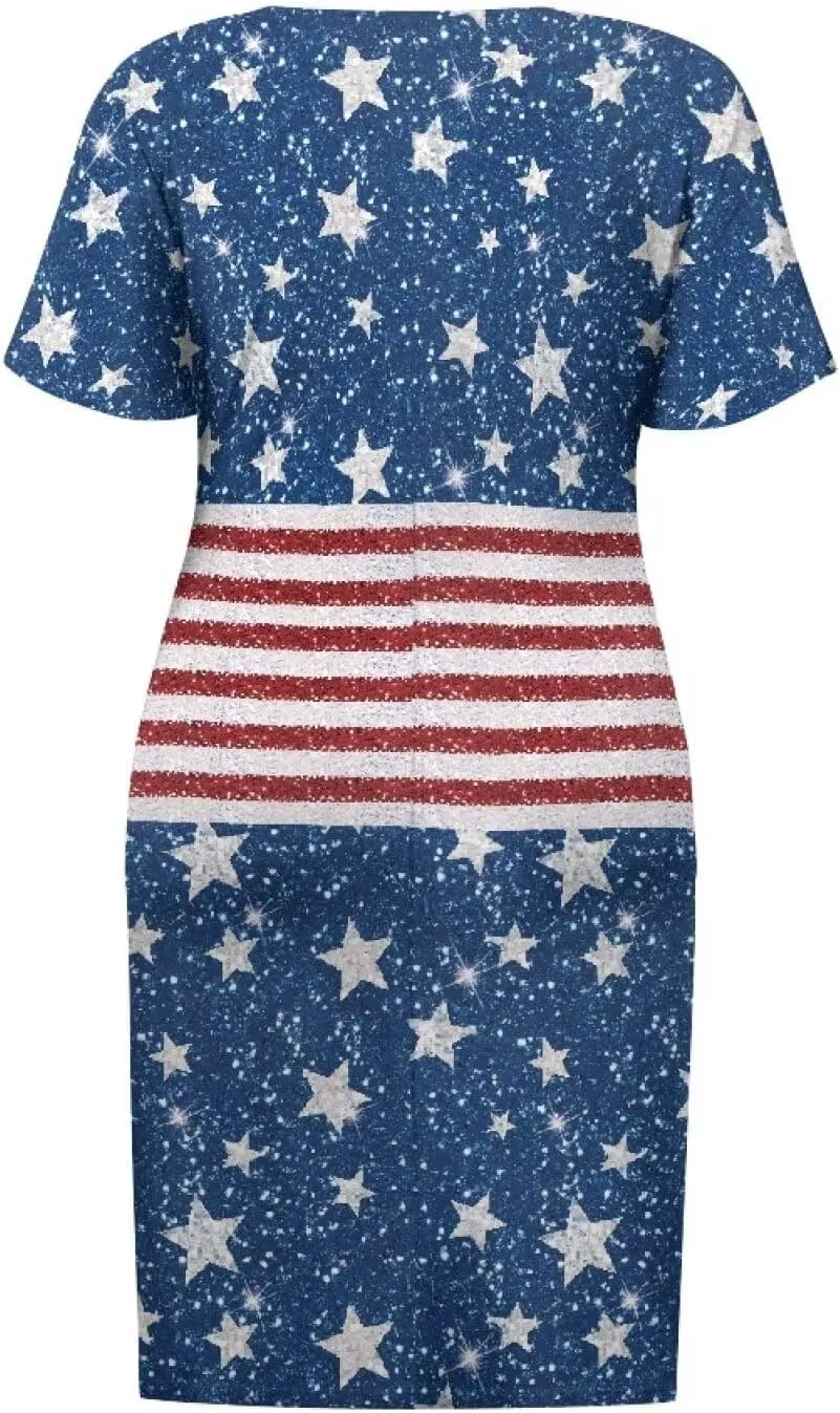 Women's Casual Dresses Plus Size Short Sleeve Summer Sundress with Pocket V Neck Midi Dress