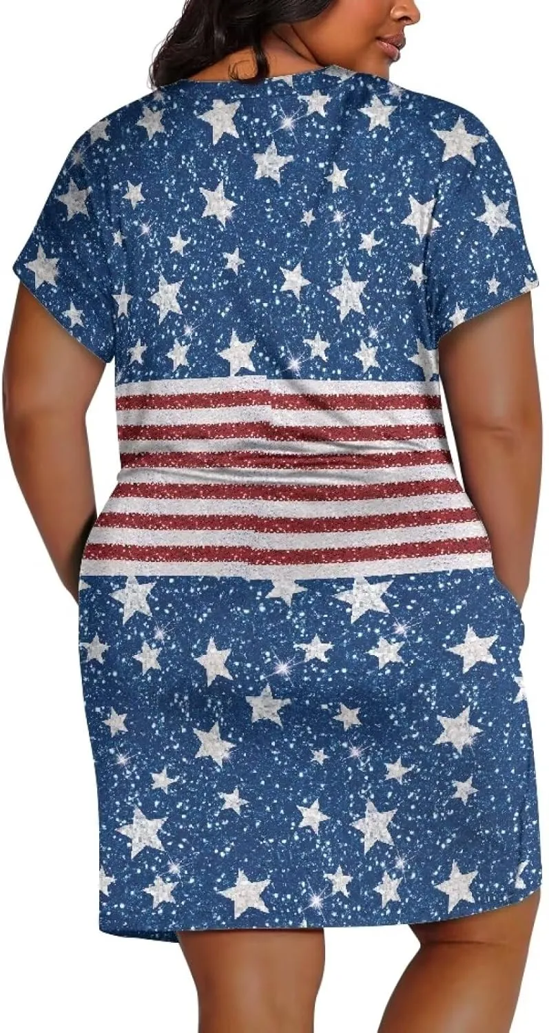 Women's Casual Dresses Plus Size Short Sleeve Summer Sundress with Pocket V Neck Midi Dress
