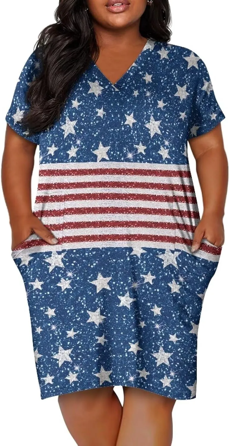 Women's Casual Dresses Plus Size Short Sleeve Summer Sundress with Pocket V Neck Midi Dress