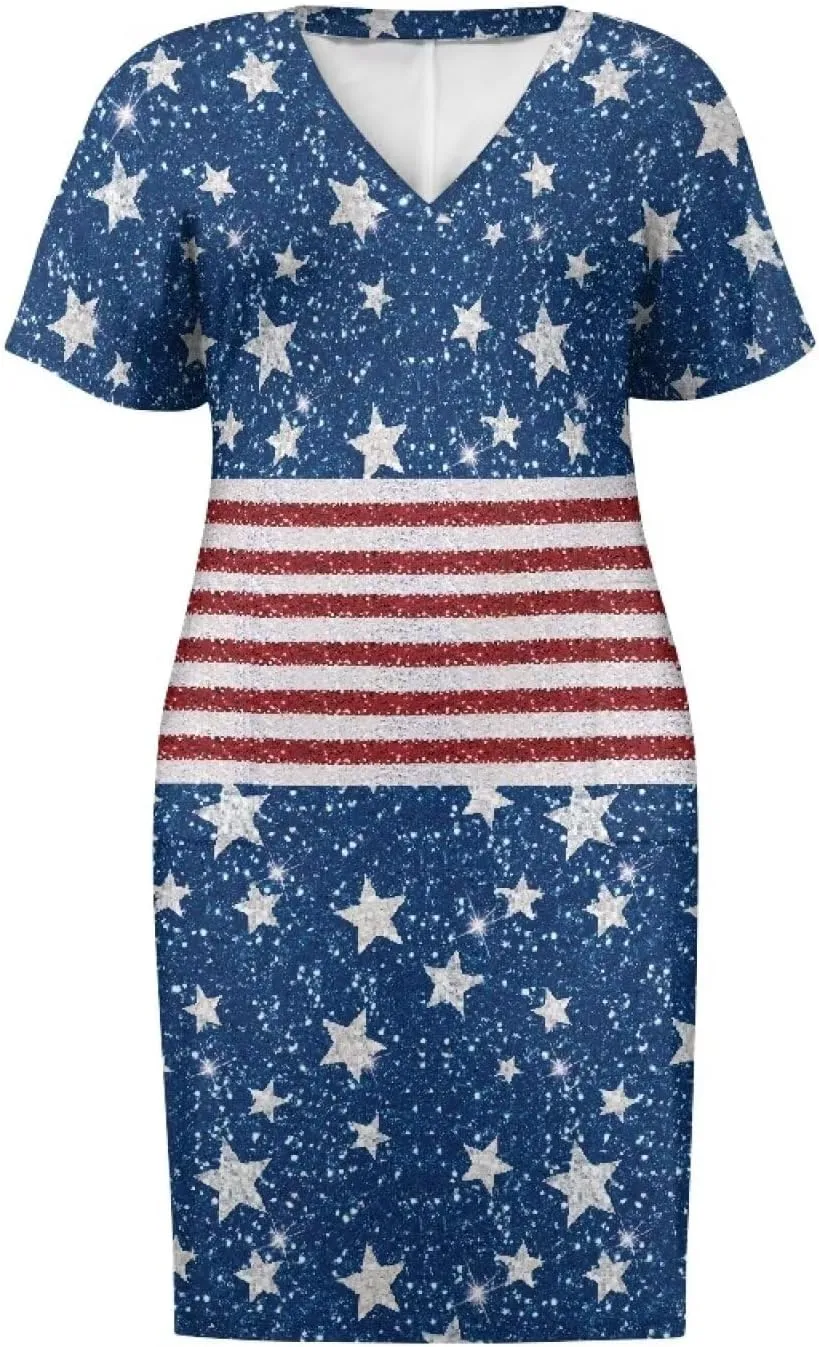 Women's Casual Dresses Plus Size Short Sleeve Summer Sundress with Pocket V Neck Midi Dress