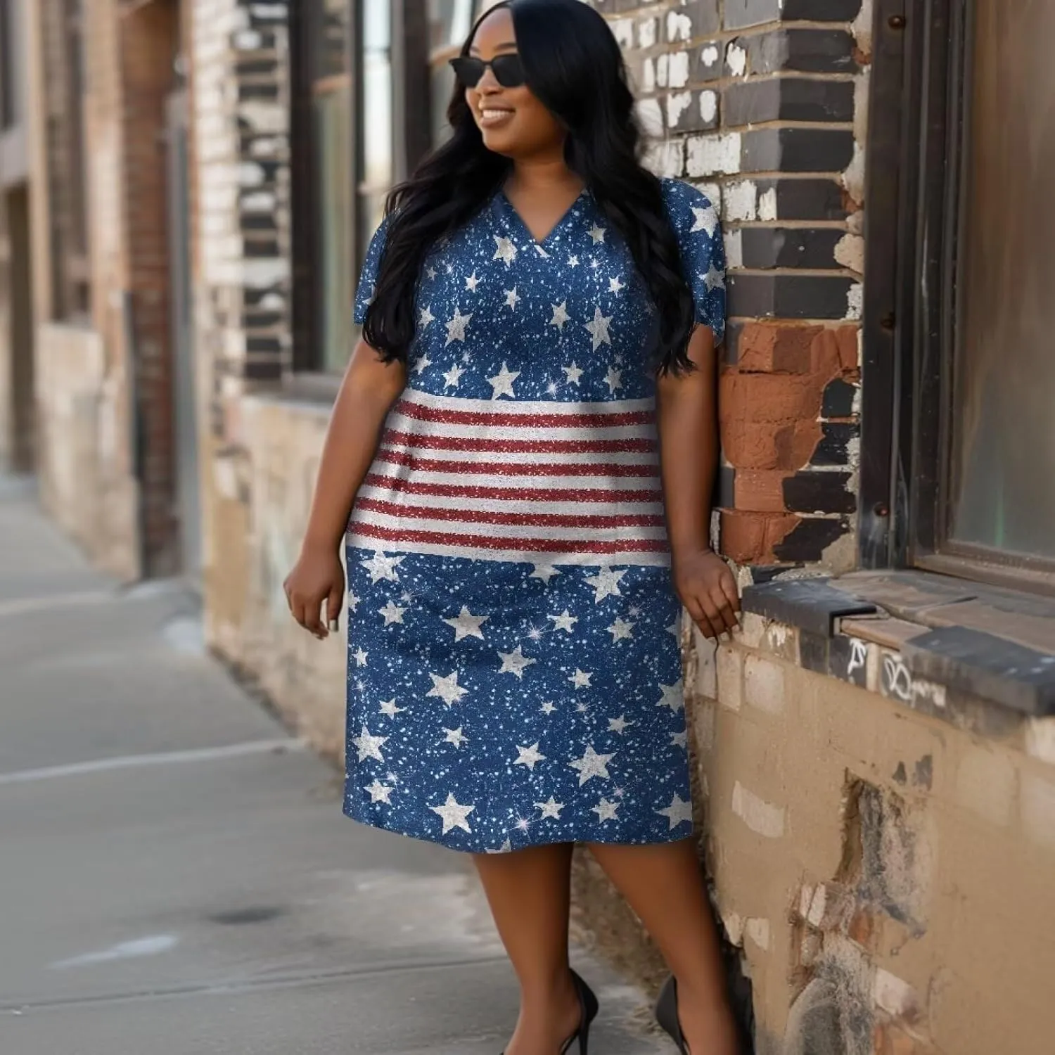 Women's Casual Dresses Plus Size Short Sleeve Summer Sundress with Pocket V Neck Midi Dress