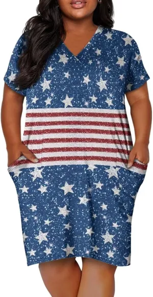 Women's Casual Dresses Plus Size Short Sleeve Summer Sundress with Pocket V Neck Midi Dress