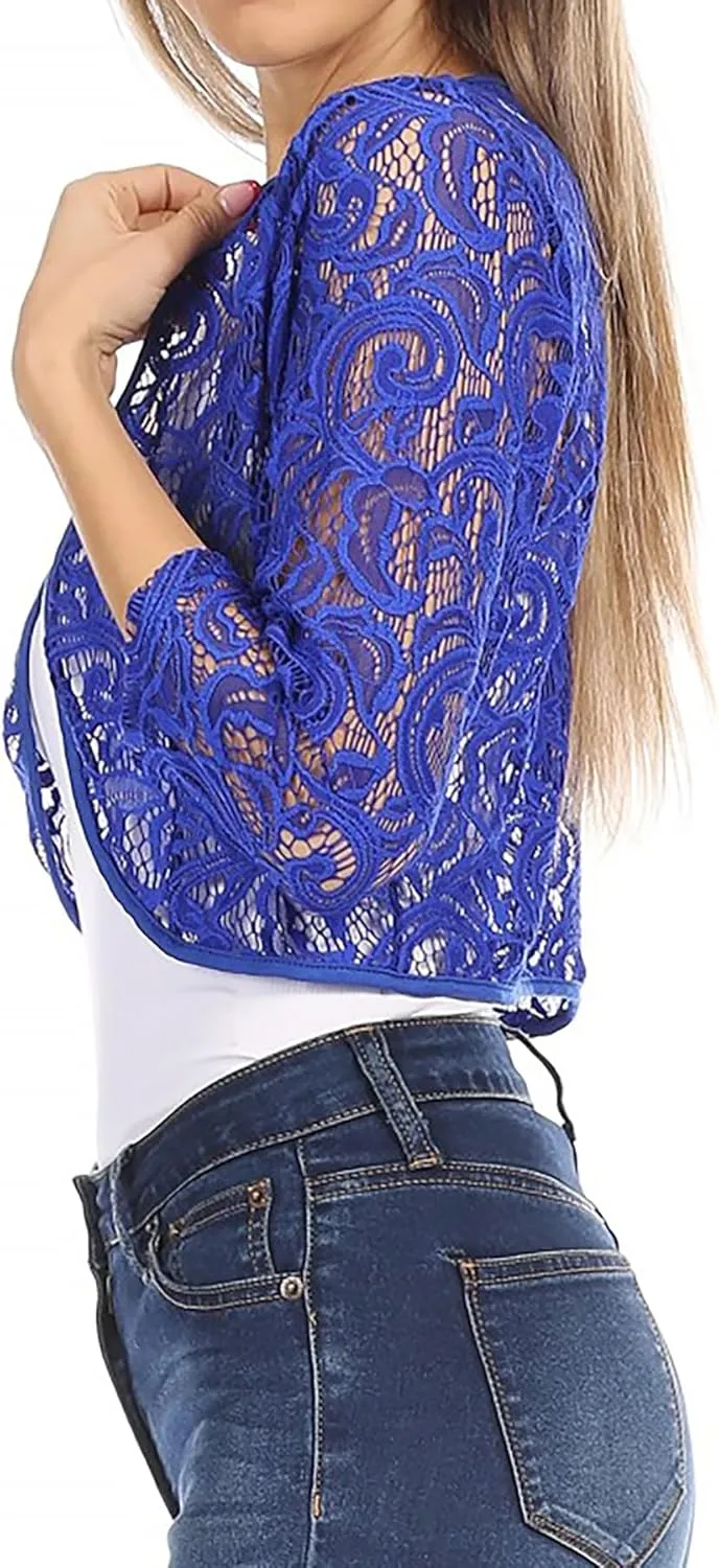 Women's Casual Lace Bolero Crochet Open Cardigan 3/4 Sleeve Sheer Cover Up Jacket