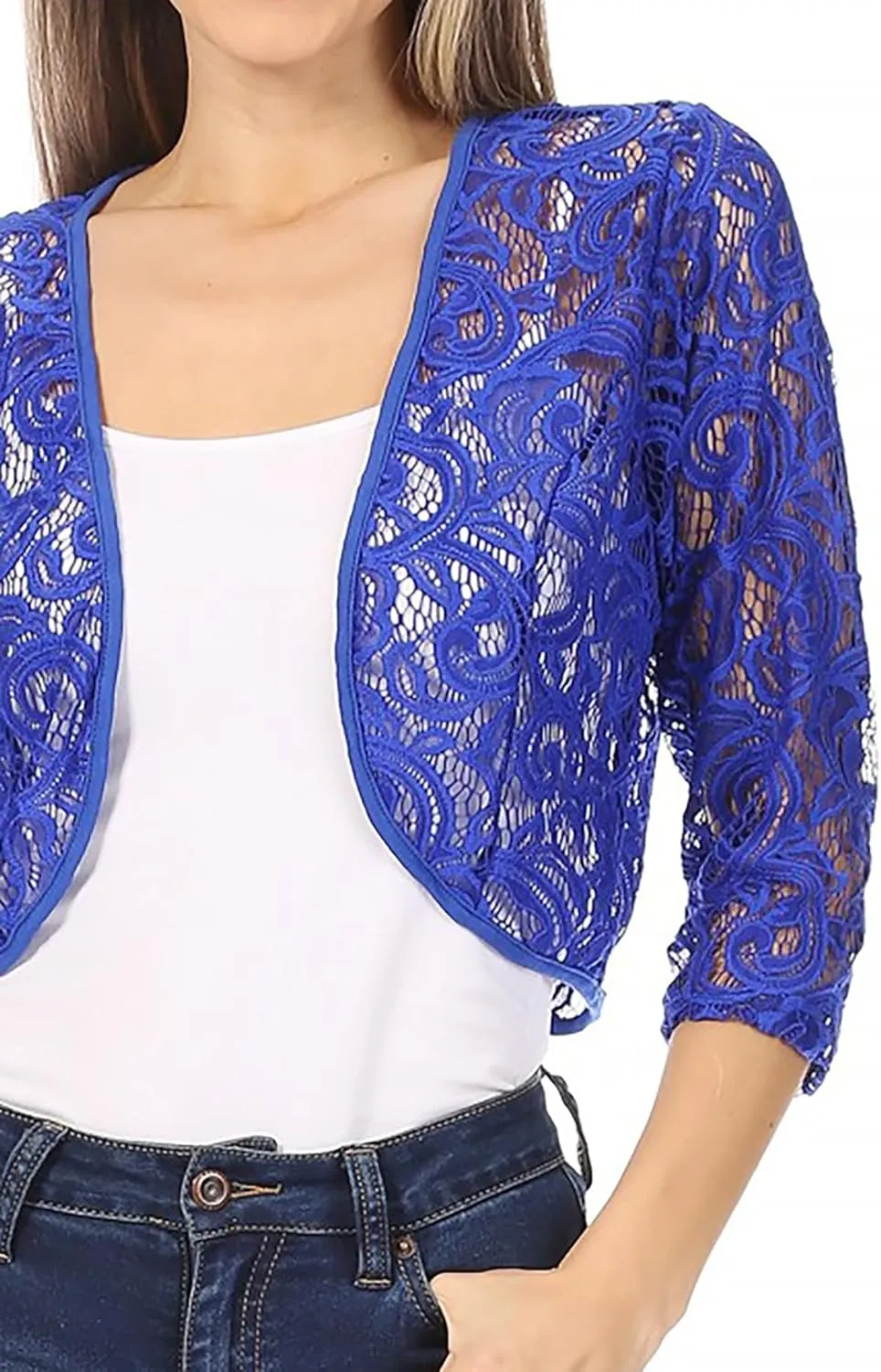 Women's Casual Lace Bolero Crochet Open Cardigan 3/4 Sleeve Sheer Cover Up Jacket
